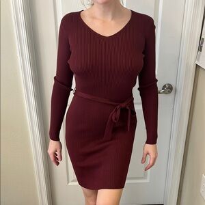 Chic Burgundy Knit Dress with Tie Waist